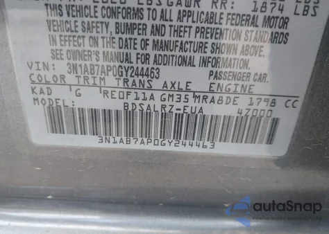 2016 Nissan Sentra Sr z USA, uszkodzony, nr VIN 3N1AB7AP0GY244463